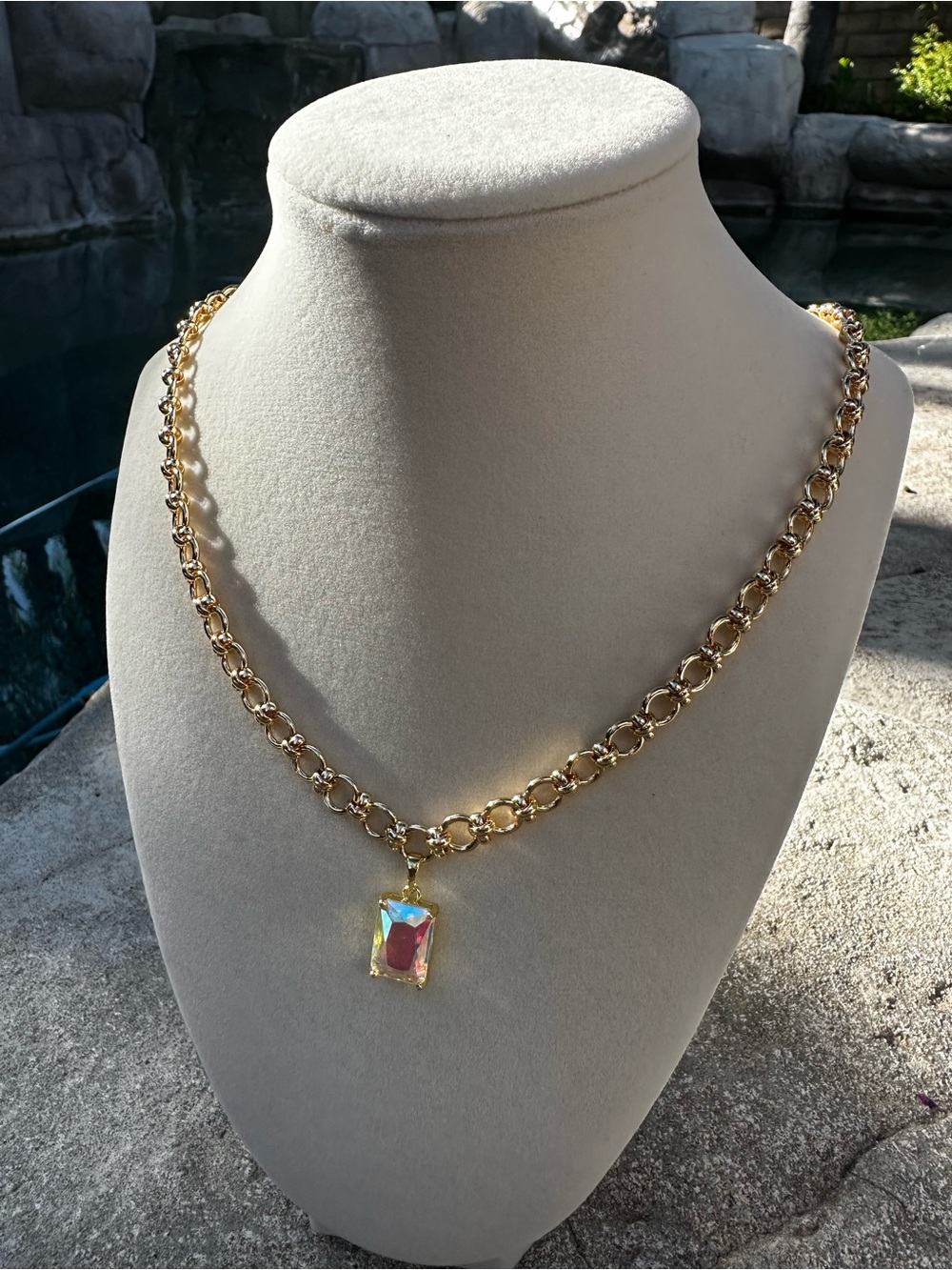 Hand Crafted Gold Chain Necklace with Iridescent Pendant